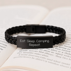 Funny Camping Gifts from Friends for Men - Eat. Sleep. Camping. Repeat. Interlaced Leather Bracelet, Birthday Unique Presents - Image 3