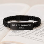 Funny Embroidery Interlaced Leather Bracelet Gifts for Friends, Funny Eat. Sleep. Embroidery. Repeat. Christmas Unique Gifts for Men, Leather Embroidery Bracelet with Stainless Steel