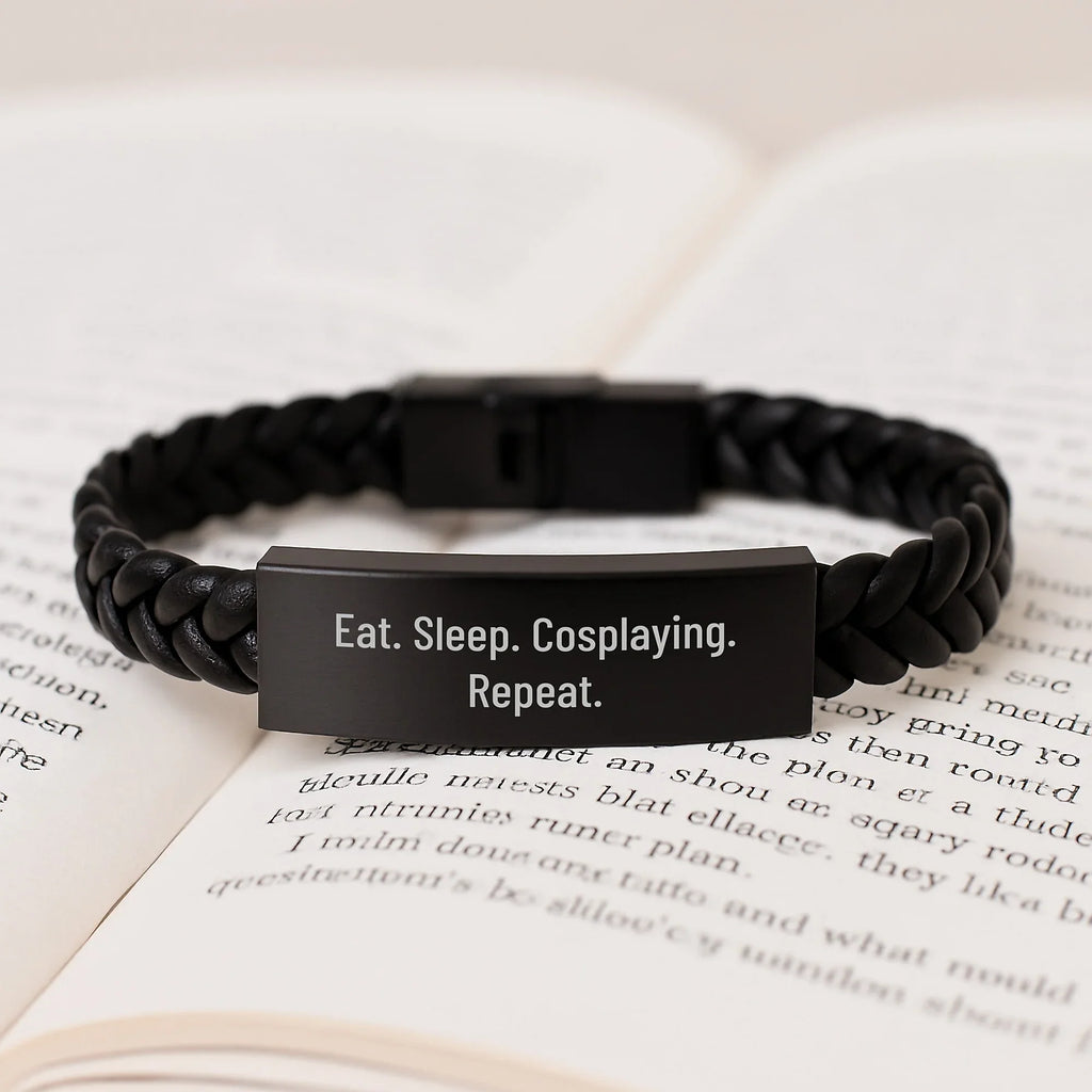 Cosplaying Enthusiast Gifts, Eat. Sleep. Cosplaying. Repeat., Interlaced Leather Bracelet for Men, 7.87 inches, Stainless Steel and PU Leather, Graduation Unique Gifts from Friends, Family, Coworkers