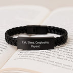 Cosplaying Enthusiast Gifts, Eat. Sleep. Cosplaying. Repeat., Interlaced Leather Bracelet for Men, 7.87 inches, Stainless Steel and PU Leather, Graduation Unique Gifts from Friends, Family, Coworkers