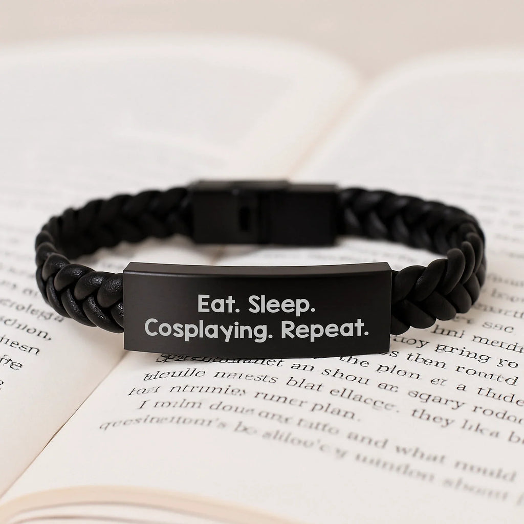 Cosplaying Gifts from Friends, Unique Interlaced Leather Bracelet for Men, Eat. Sleep. Cosplaying. Repeat., Funny Graduation Gift