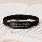 Funny Jeweler Gifts from Friends and Family - Interlaced Leather Birthday Wristband, 'Look At You Becoming A Jeweler And Shit' Quote, for Jeweler Enthusiasts