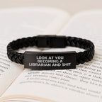 Funny Librarian Gifts, Birthday Unique Gifts from Friends to Librarian, Interlaced Leather Bracelet with Stainless Steel and PU Leather