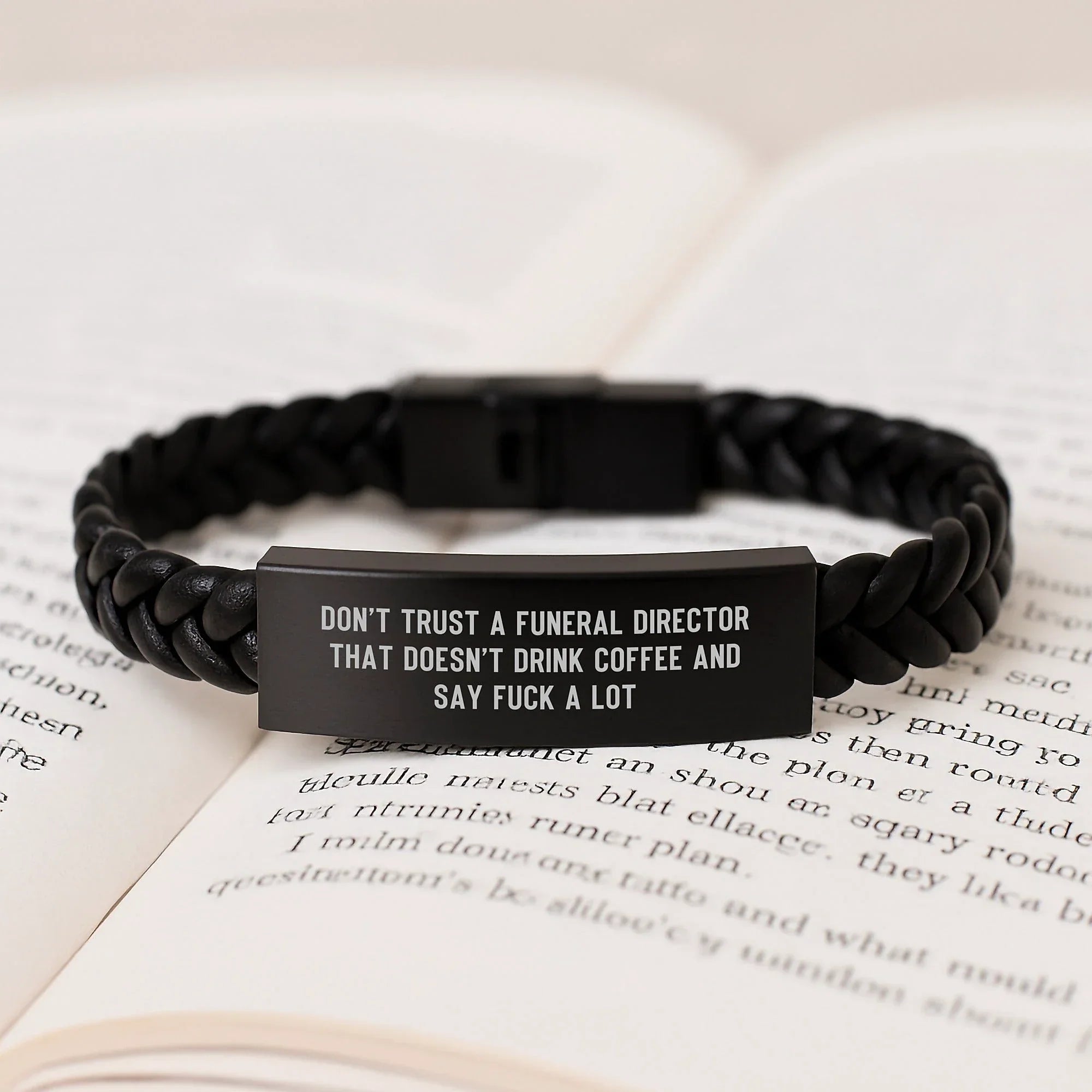 Funny Christmas Unique Gifts from Men to Funeral Directors, Interlaced Leather Bracelet with Engraved Stainless Steel, Unique Funeral Director Humor