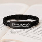 Funny PE Teacher Gifts from Men to Friends - Officially The World's Coolest PE Teacher, Interlaced Leather Bracelet, Christmas Unique Gifts for PE Teacher