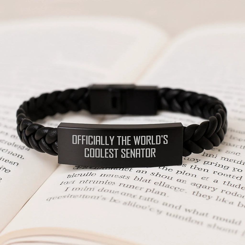 Funny Senator Gifts for Him, Officially The World's Coolest Senator Interlaced Leather Bracelet, Christmas Unique Presents for Men