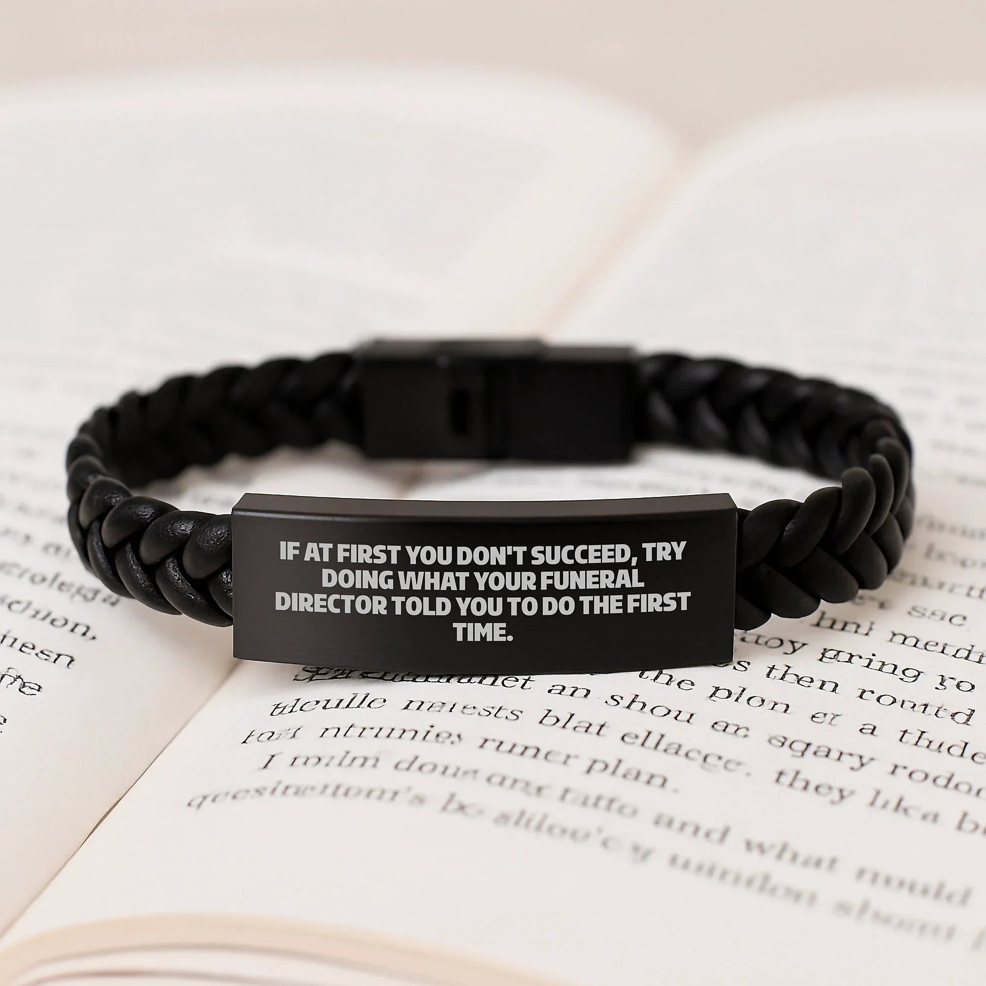 Funny Funeral Director Gifts for Men - Inspirational Leather Bracelet with Quote, Interlaced Leather, Stainless Steel, PU Leather, Christmas Unique Gift from Family