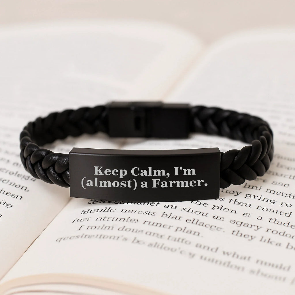 Funny Farmer Gifts for Men, Interlaced Leather Bracelet with Keep Calm I'm almost a Farmer Quote, Perfect Christmas Unique Gifts from Friends
