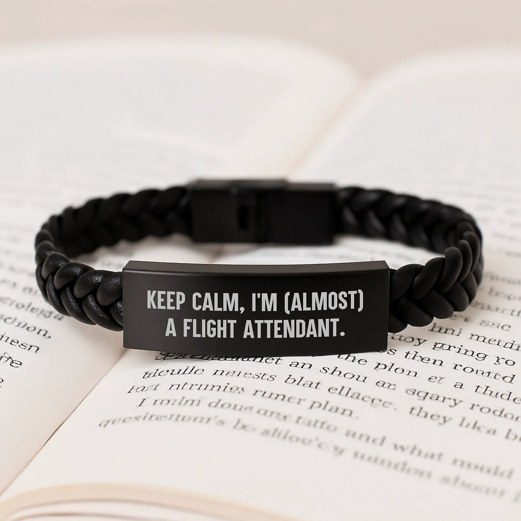 Funny Flight Attendant Gifts for Women, Interlaced Leather Bracelet with Quote 'Keep Calm, I'm (almost) A Flight Attendant', Christmas Unique Gifts from Friends