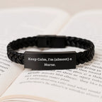Funny Nurse Gifts from Family and Friends, Interlaced Leather Bracelet with Stainless Steel, Christmas Unique Jewelry for Nurse Graduates, Keep Calm I'm almost a Nurse