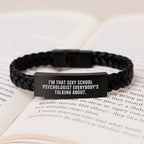 Funny School Psychologist Gifts for Men, Women, Friends, and Coworkers - Interlaced Leather Bracelet with Engraved Stainless Steel, Christmas Unique Presents