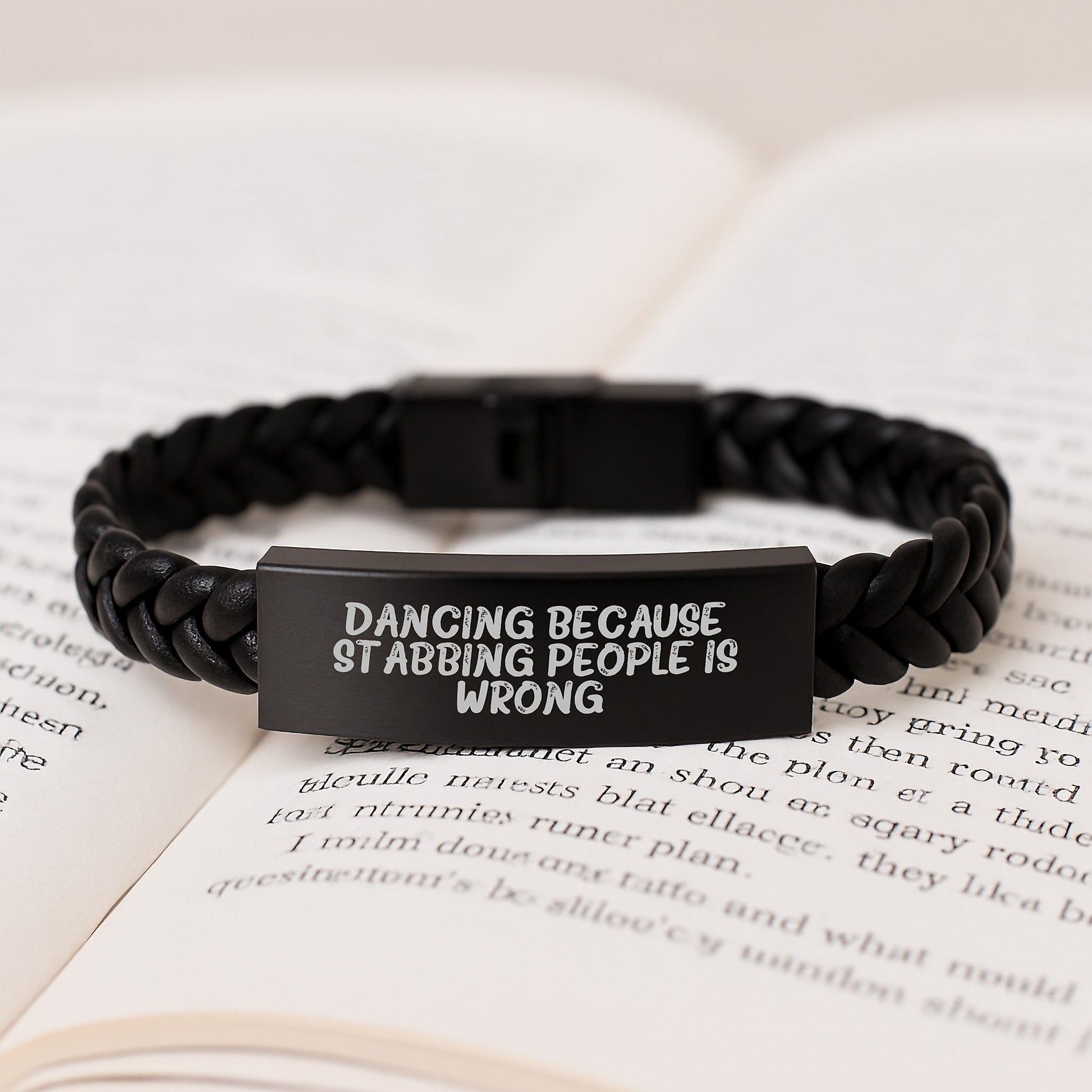 Funny Dance Gifts for Friends - Interlaced Leather Stainless Steel Birthday Present from Men to Women, 'Dancing Because Stabbing People Is Wrong.' Quote - Image 3