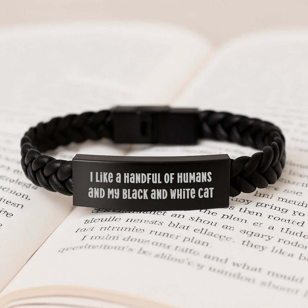 Black and White Cat Lover's Delight, Funny Quote Interlaced Leather Bracelet, Gifts from Friends or Family, Birthday Unique Ideas for Him or Her