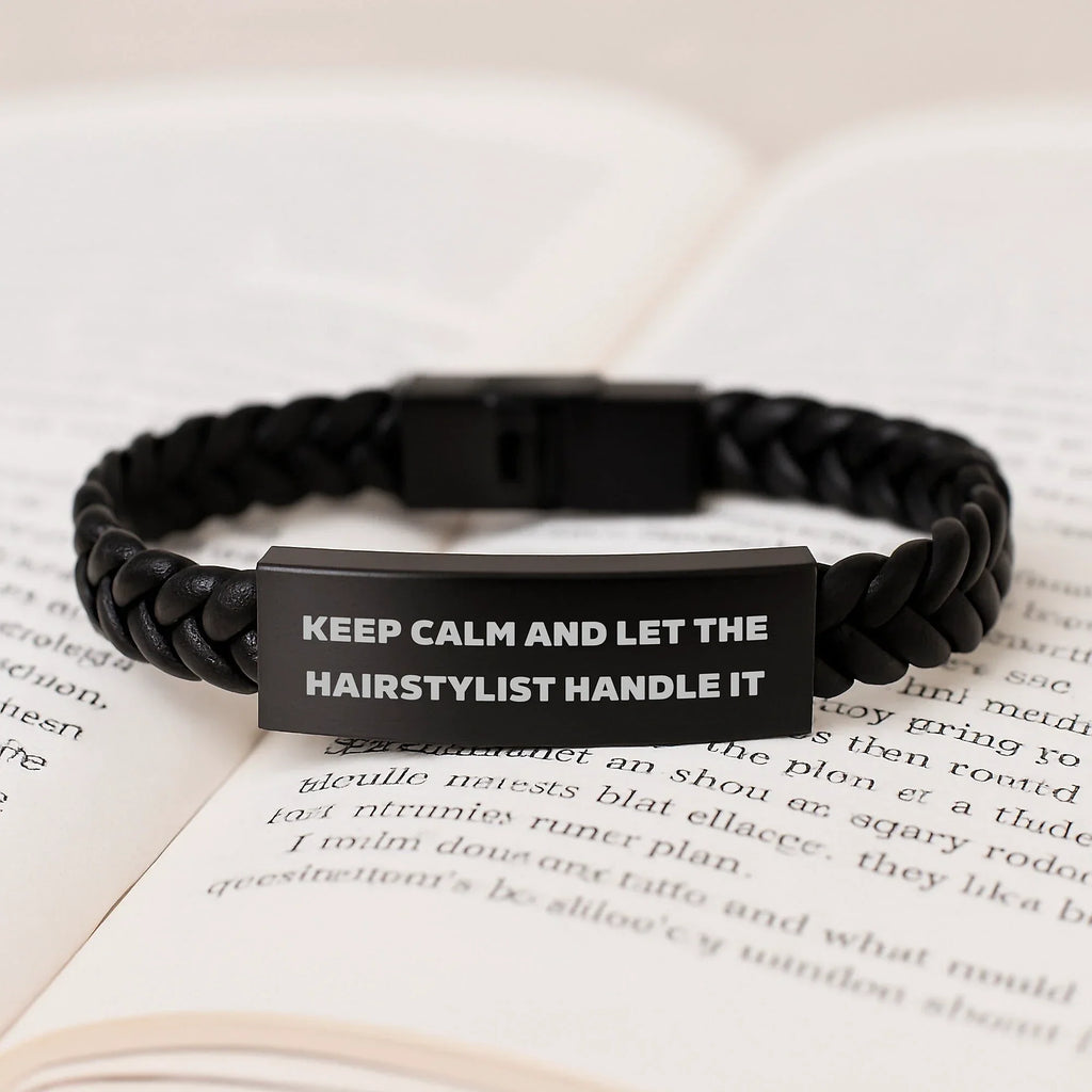Hairstylist Gifts from Friends - Keep Calm Interlaced Leather Bracelet for Birthday, Inspirational Quotes for Hairstylist, Stainless Steel and PU Leather Combination