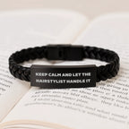Hairstylist Gifts from Friends - Keep Calm Interlaced Leather Bracelet for Birthday, Inspirational Quotes for Hairstylist, Stainless Steel and PU Leather Combination