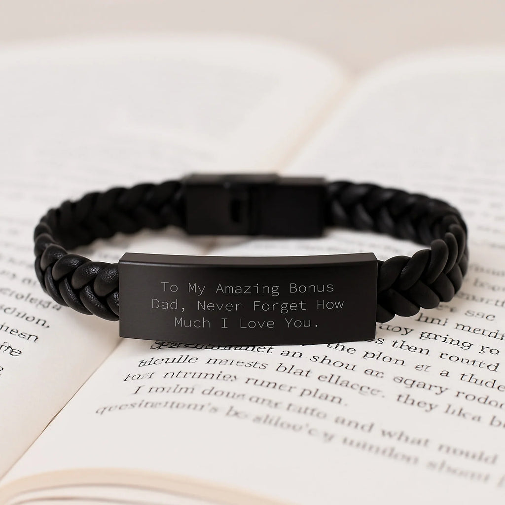 Unique Gifts from Son, Daughter, or Family, Bonus Dad, Never Forget How Much I Love You. Interlaced Leather Bracelet for Men, Funny Bonus Dad Gift for Christmas