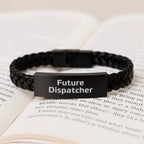 Funny Future Dispatcher Inspirational Quote Engraved Interlaced Leather Bracelet Gifts from Men, Christmas Unique Gifts for Dispatcher Friends, Stainless Steel and PU Leather Cufflink