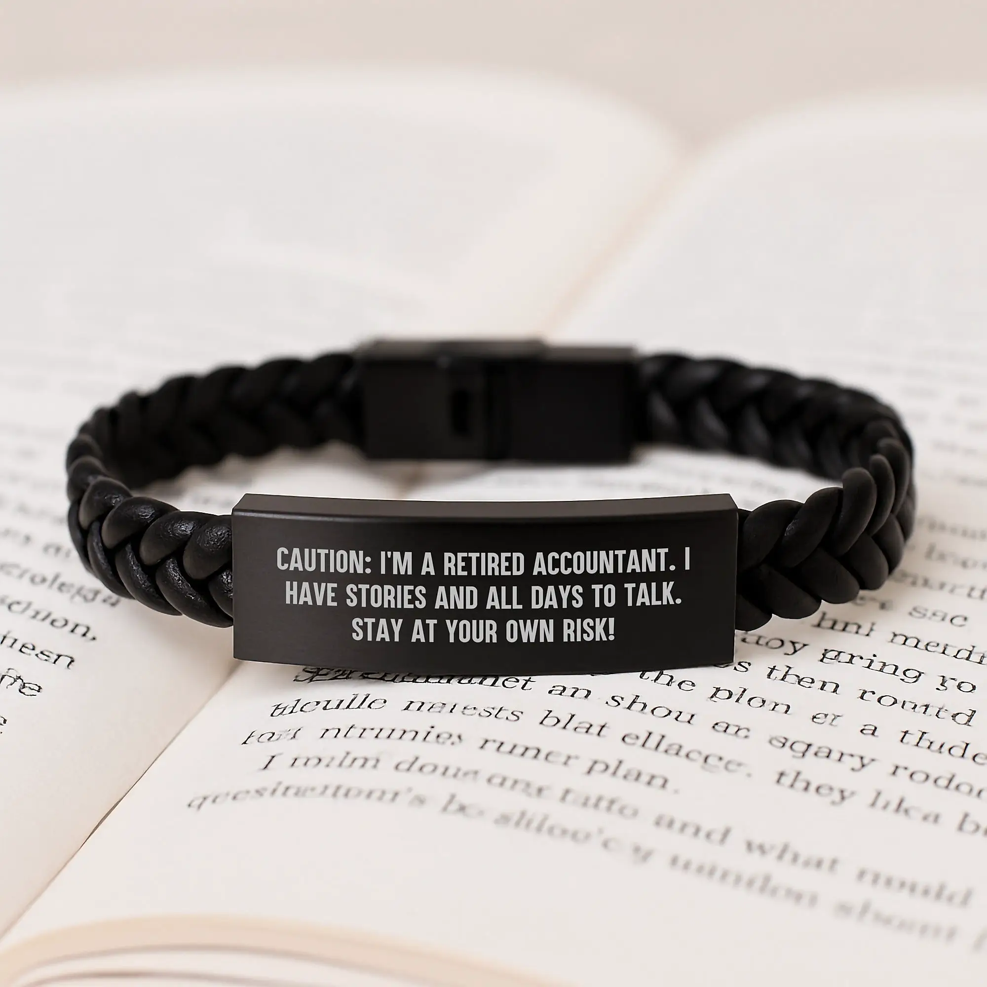 Funny Accountant Gifts, Birthday Unique Gifts for Men, Women, Coworkers, or Family - 'Caution: I'm A Retired Accountant' Interlaced Leather Bracelet - Image 3
