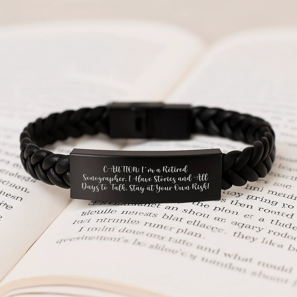 Funny Sonographer Gifts - Interlaced Leather Birthday Wishes from Friends and Family - 'Caution: I'm A Retired Sonographer...'