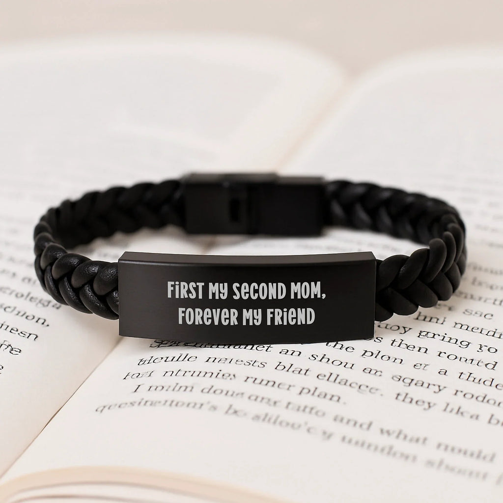 Unique Second Mom Gifts from Men, Women, Friends, Coworkers, Family for Second Mom, Christmas Unique Gifts, Interlaced Leather Bracelet with Funny Quote 'First My Second Mom, Forever My Friend'