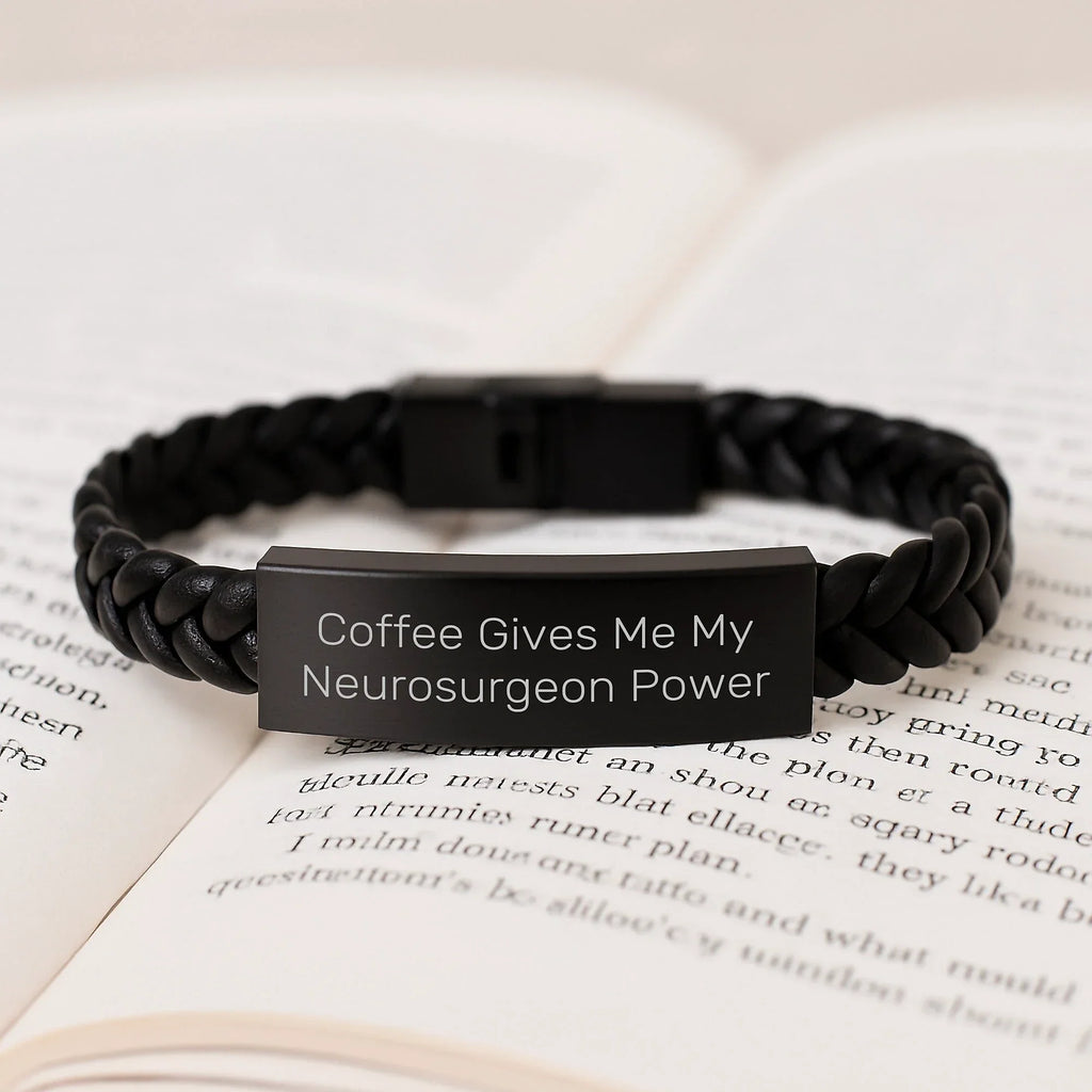 Gifts for Neurosurgeon Men - Funny Interlaced Leather Bracelet, 'Coffee Gives Me My Neurosurgeon Power' Quote, Christmas Unique Gifts from Friends