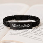 Funny Quote 'Coffee Gives Me My Oncologist Power' Interlaced Leather Bracelet Gifts for Oncologist Men Women Friends Coworkers Family Members