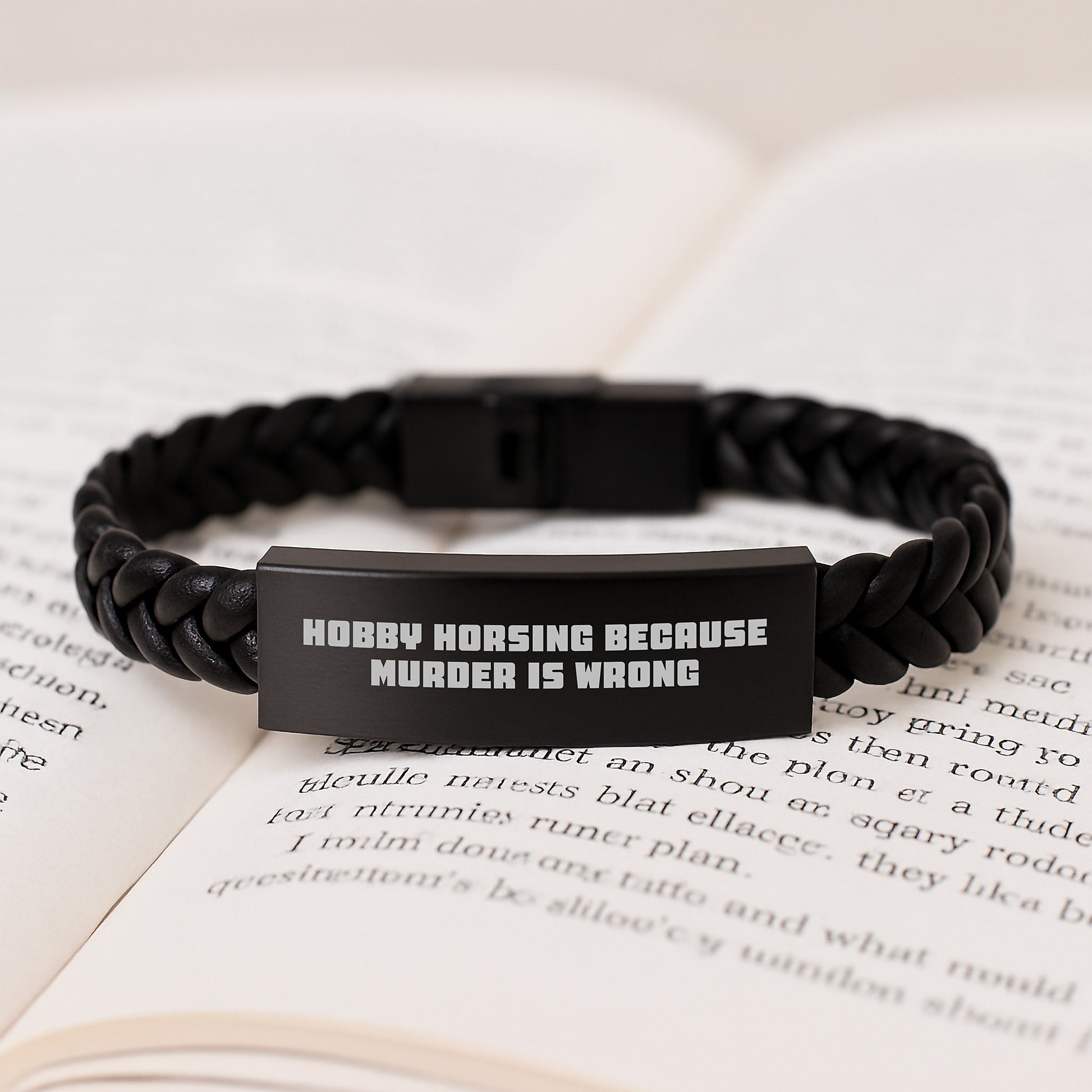 Hobby Horsing Gifts for Men from Friends, Inspirational Interlaced Leather Bracelte for Graduation, 'Hobby Horsing Because Murder Is Wrong' Quote, Stainless Steel and PU Leather - Image 3