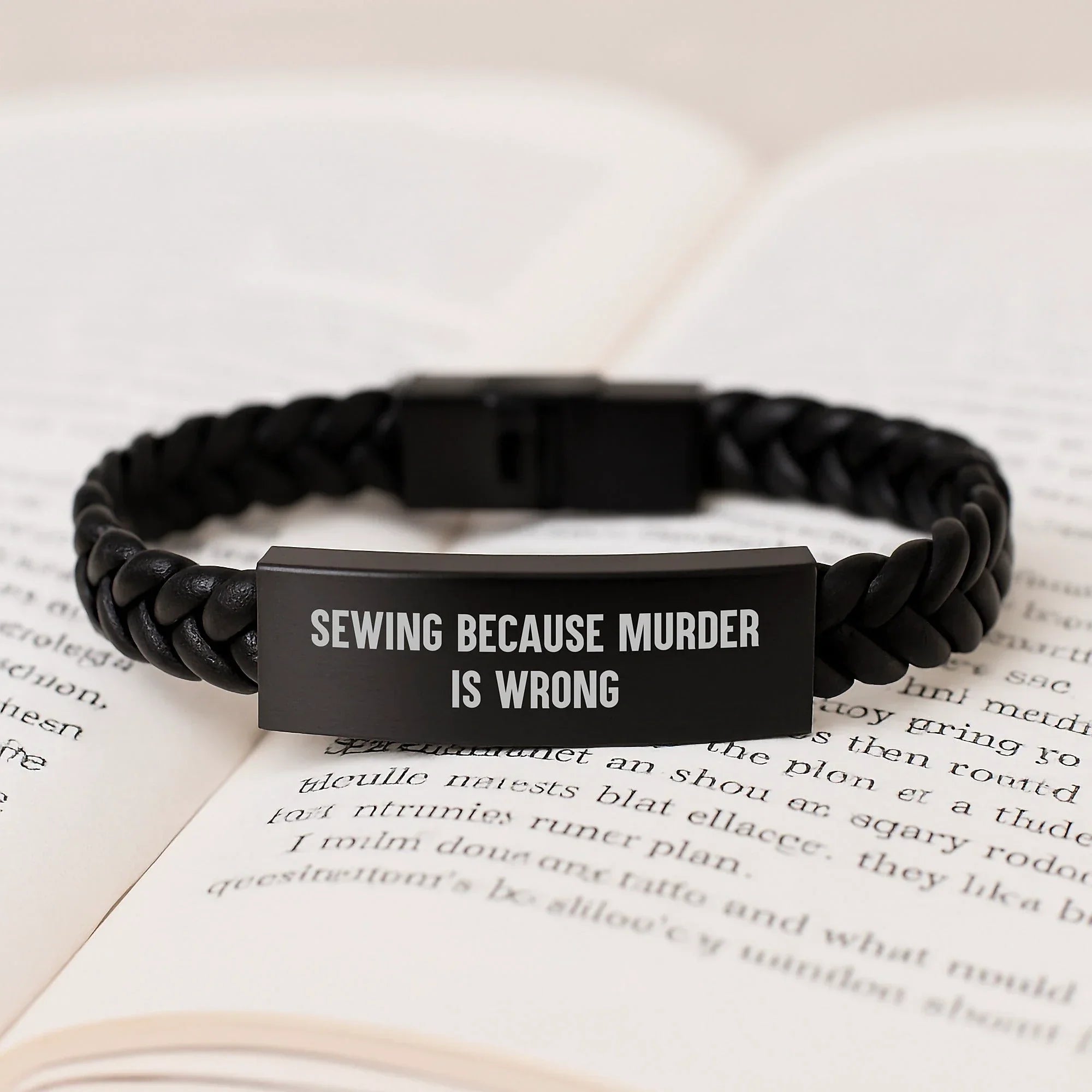 Sewing Inspired Gifts from Friends for Sewing Enthusiasts Interlaced Leather Bracelet with Durable Stainless Steel Quote: 'Sewing Because Murder Is Wrong' Unique Graduation Gifts for Women