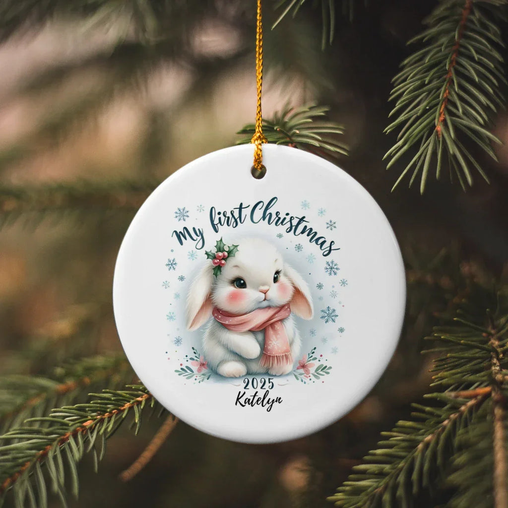 My First Christmas 2025 Bunny Ornament – Baby’s First Christmas Keepsake, Cute Newborn Gift, Durable MDF Ornament with Gold Cord