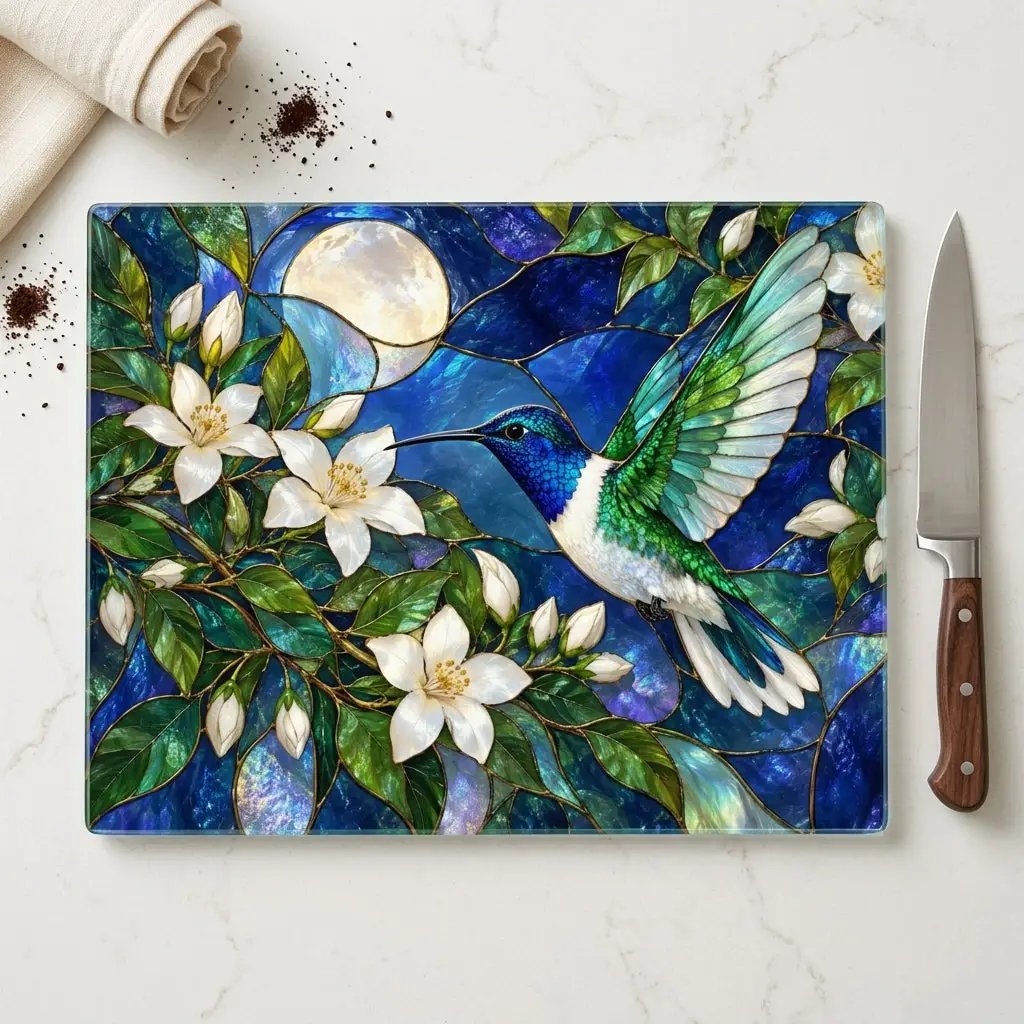 Hummingbird Cutting Board, Stained Glass Bird Decor, Moonlit Jasmine Floral Kitchen Decor, Hummingbird Gift, Nature Lover Gift