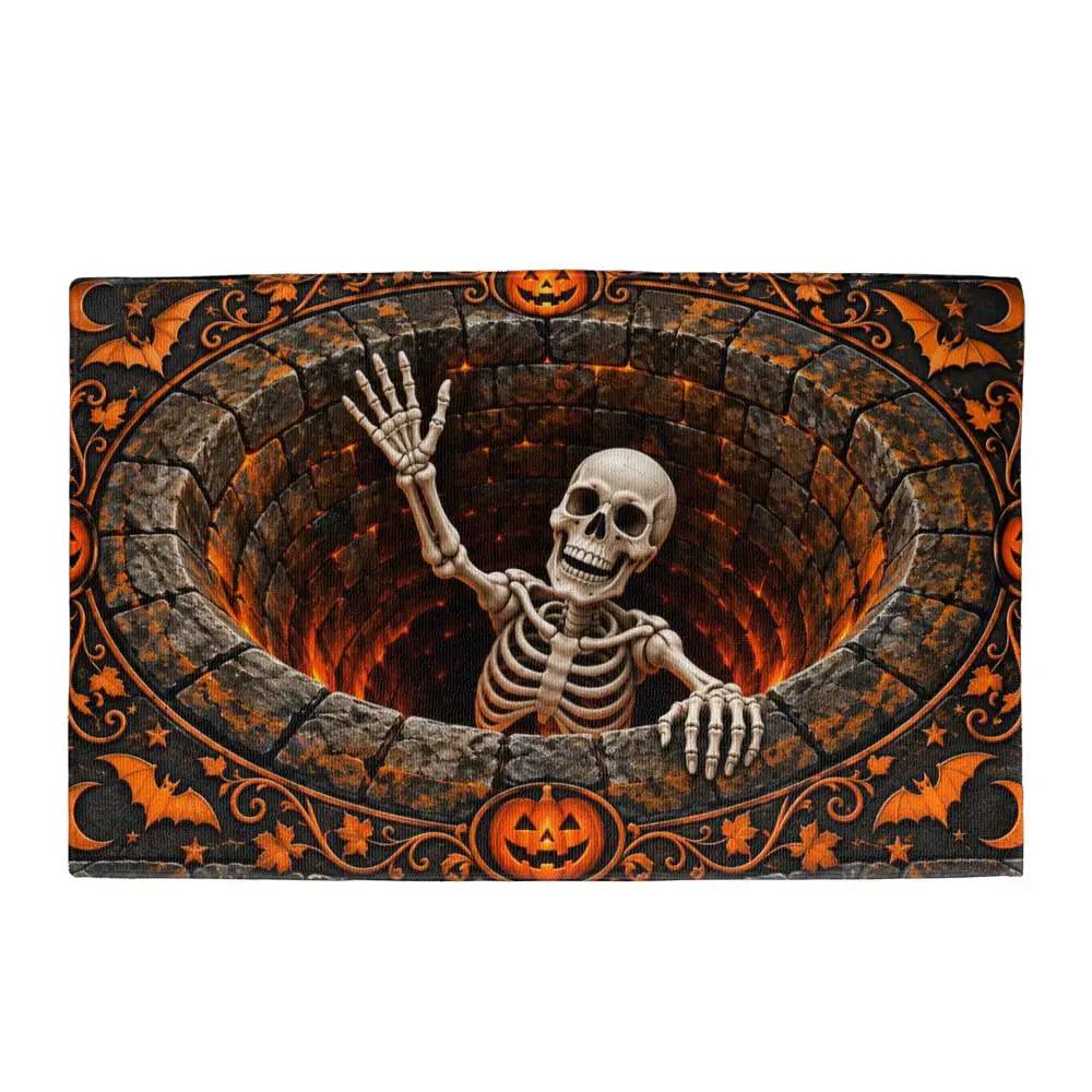 Skeleton Halloween 3D Doormat, Skeleton Pit Illusion Door Mat, Spooky Halloween Welcome Mat, Pumpkin Gothic Porch Decor