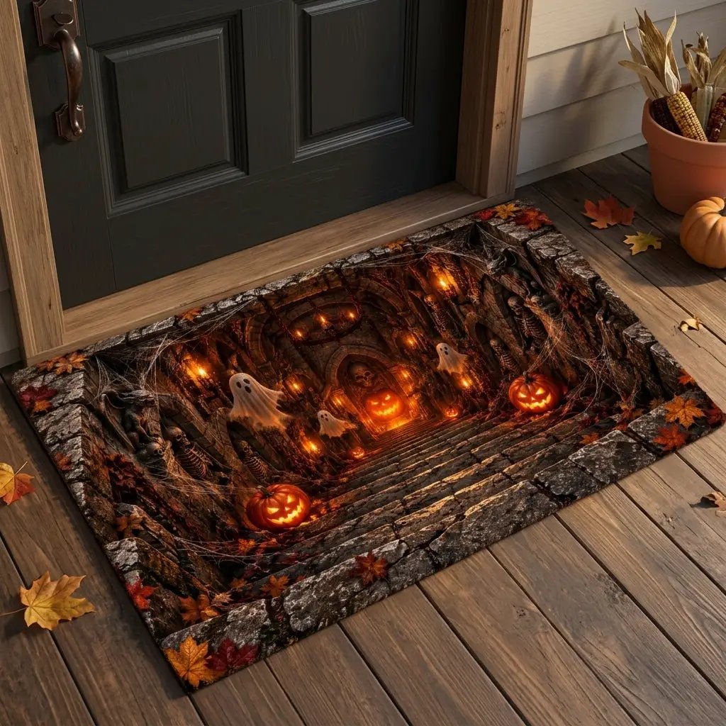 3D Haunted Crypt Doormat, Halloween Ghost Door Mat, Spooky Dungeon Entrance Mat, Skeleton Pumpkin Decor, Gothic Halloween Welcome Mat