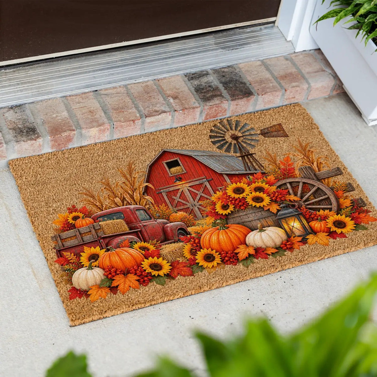 Fall Farmhouse Doormat, Country Barn Coir Mat, Pumpkin Harvest Welcome Mat, Rustic Autumn Porch Decor, Farmhouse Fall Door Mat