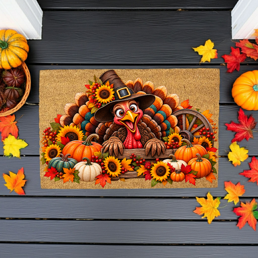Thanksgiving Turkey Doormat, Funny Turkey Coir Mat, Fall Harvest Welcome Mat, Pumpkin & Sunflower Porch Decor, Thanksgiving Door Mat