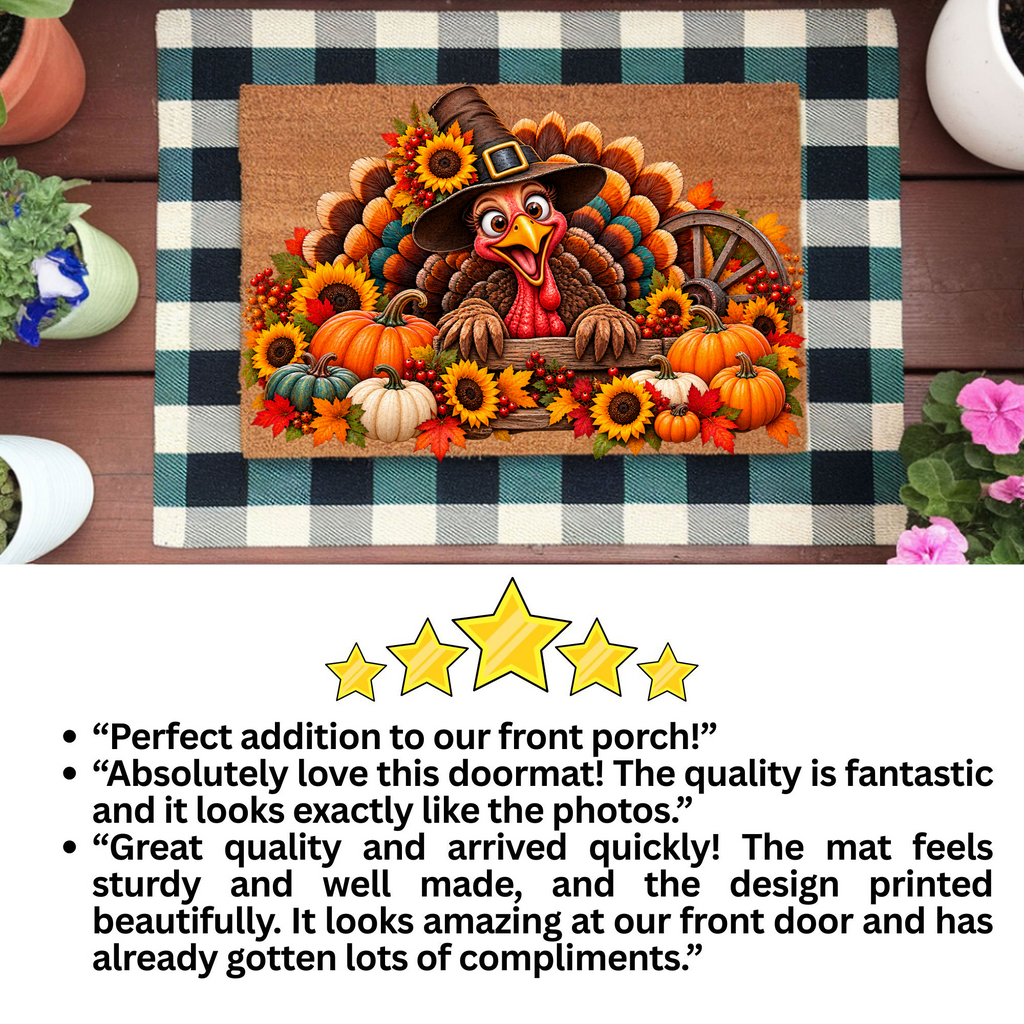 Thanksgiving Turkey Doormat, Funny Turkey Coir Mat, Fall Harvest Welcome Mat, Pumpkin & Sunflower Porch Decor, Thanksgiving Door Mat