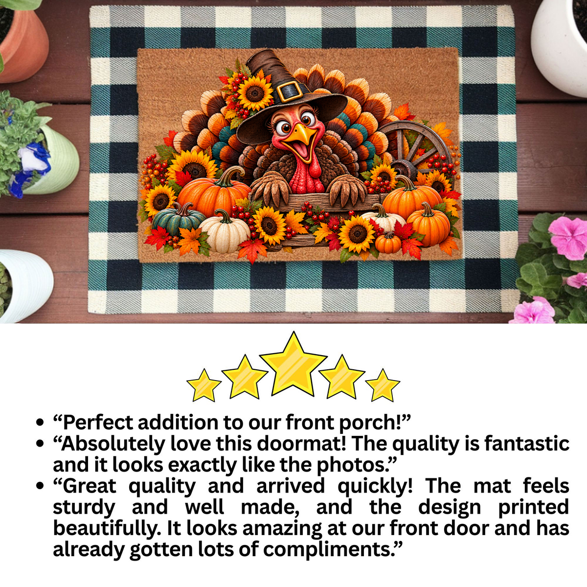 Thanksgiving Turkey Doormat, Funny Turkey Coir Mat, Fall Harvest Welcome Mat, Pumpkin & Sunflower Porch Decor, Thanksgiving Door Mat