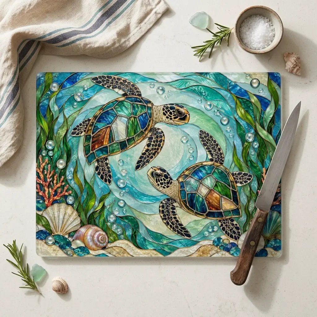 Sea Turtle Glass Cutting Board, Ocean Kitchen Decor, Coastal Serving Board, Marine Life Gift, Sea Lover Kitchen Accessory, Beach House