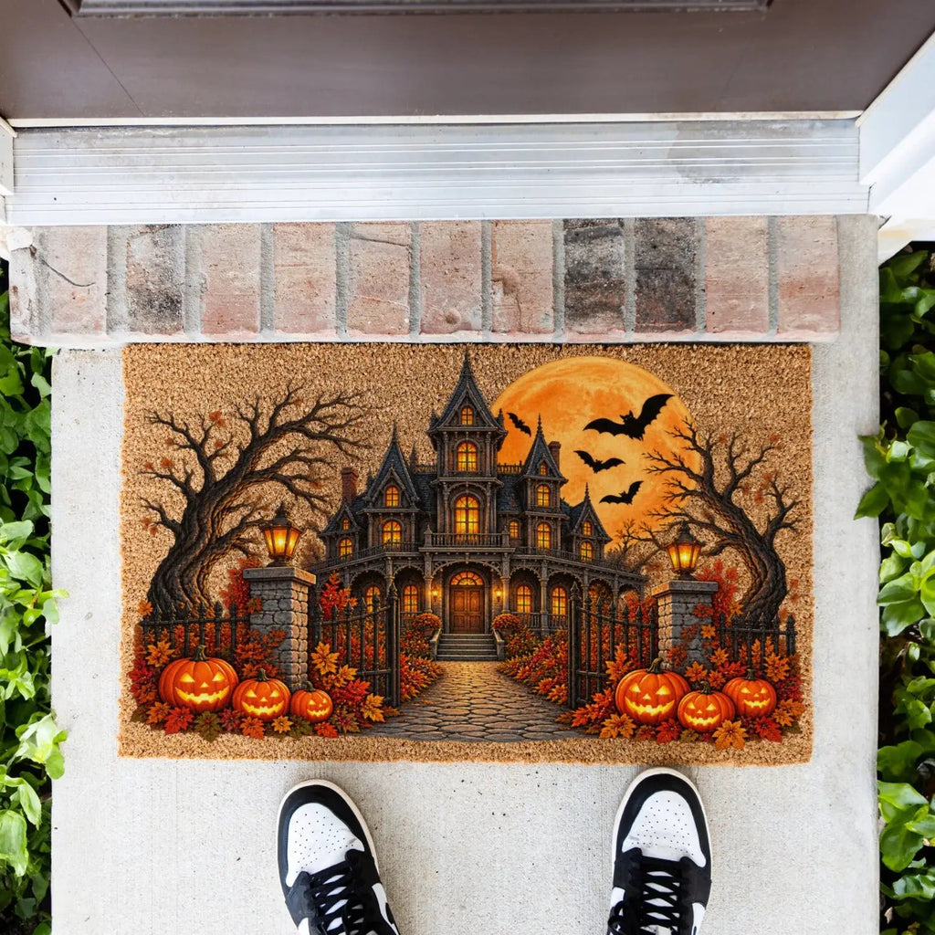 Haunted House Halloween Doormat, Gothic Mansion Coir Welcome Mat, Spooky Fall Porch Decor, Pumpkin Front Door Mat, Halloween Entryway