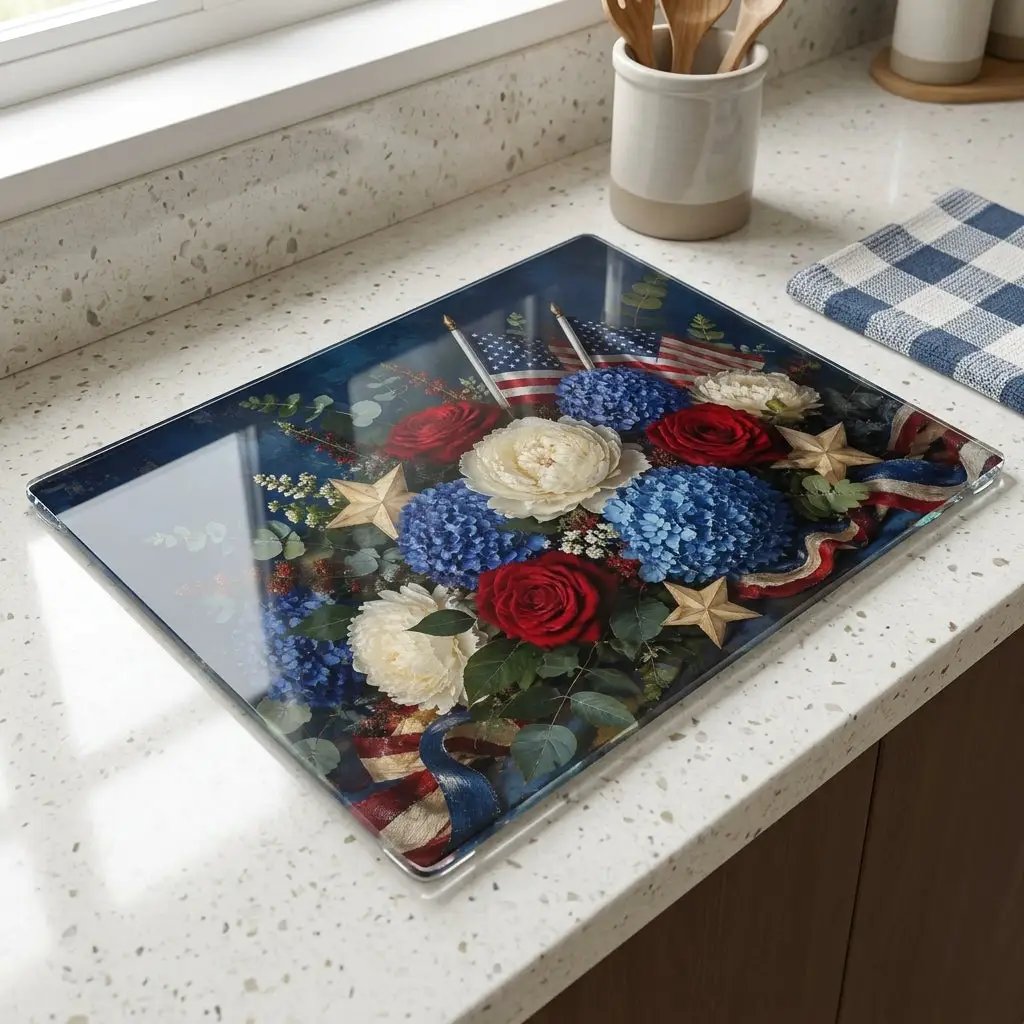 Patriotic Floral Cutting Board, American Flag Glass Cutting Board, Red White Blue Kitchen Decor, Americana Gift, 4th of July Decor
