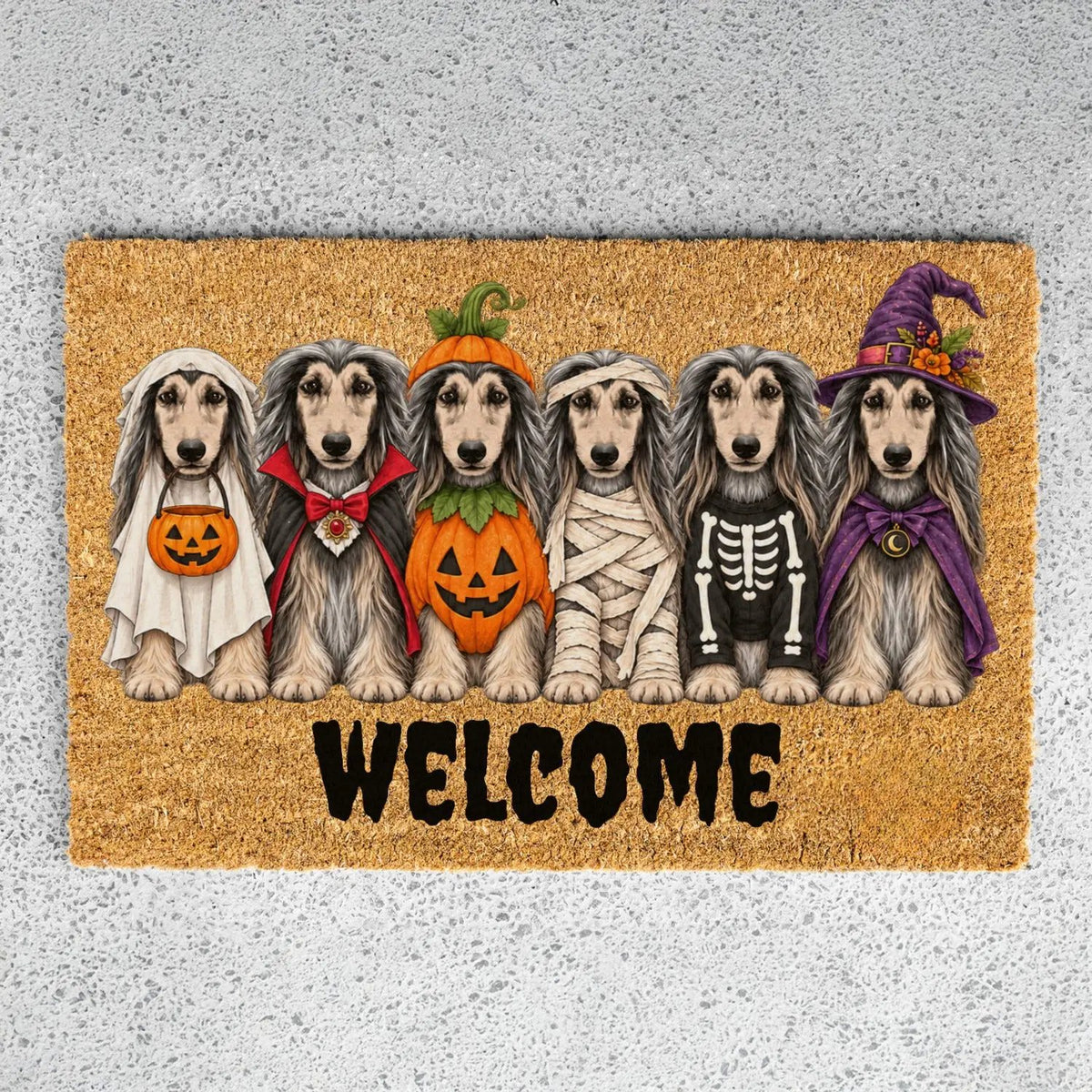 Dog Breed Personalized Halloween Costume Doormat, Custom Dog Welcome Mat, Halloween Coir Doormat, Family Name Dog Lover Gift