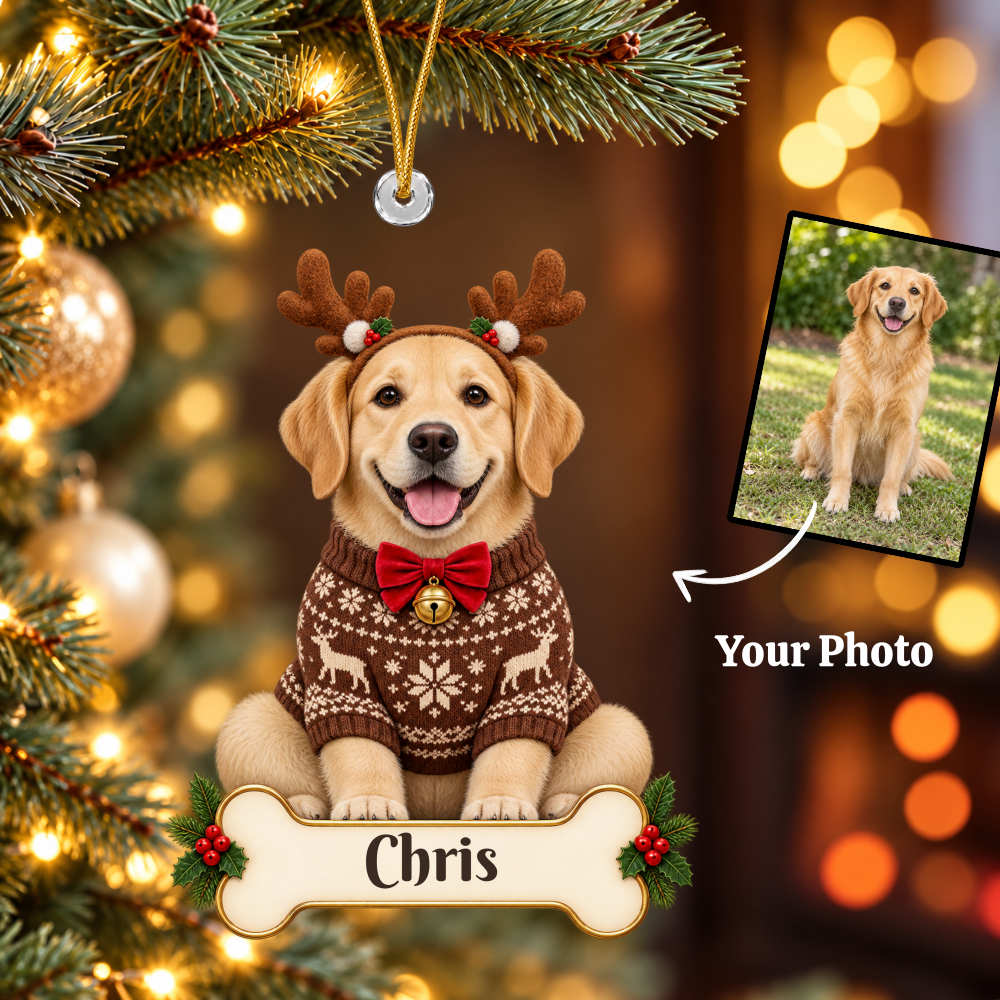 Personalized Reindeer Dog Christmas Ornament from Photo, Custom Pet Portrait Acrylic Cutout, Dog with Antlers Holiday Gift, Dog Lover Keepsake