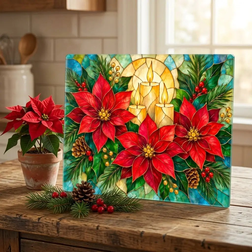 Christmas Poinsettia Glass Cutting Board, Holiday Candle Kitchen Decor, Tempered Chopping Board, Festive Winter Kitchen Gift Idea