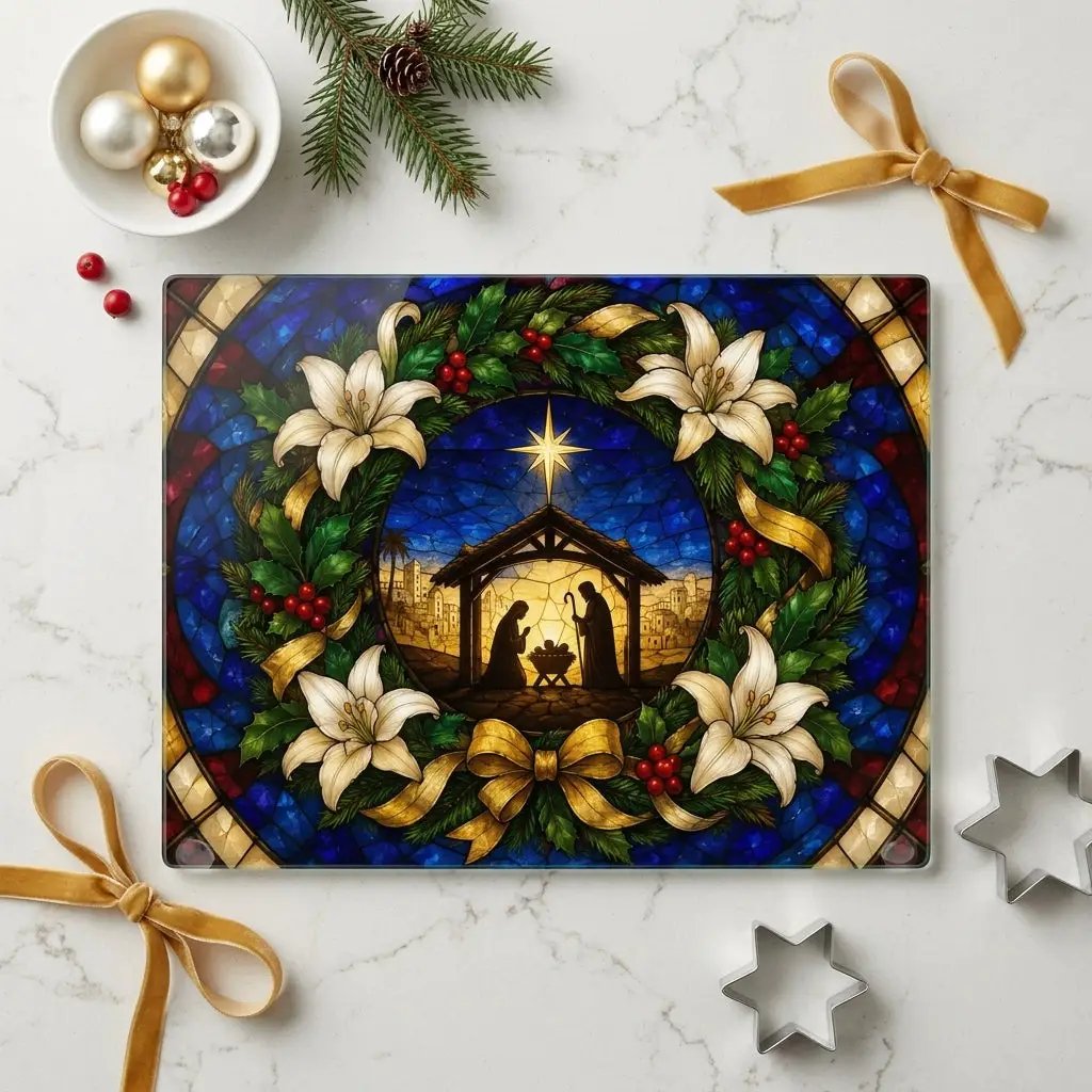 Nativity Glass Cutting Board, Stained Glass Christmas Decor, Holy Family Christian Kitchen Gift, Religious Christmas Cutting Board