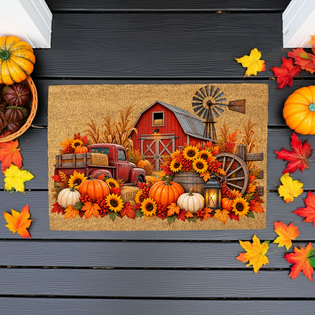 Fall Farmhouse Doormat, Country Barn Coir Mat, Pumpkin Harvest Welcome Mat, Rustic Autumn Porch Decor, Farmhouse Fall Door Mat