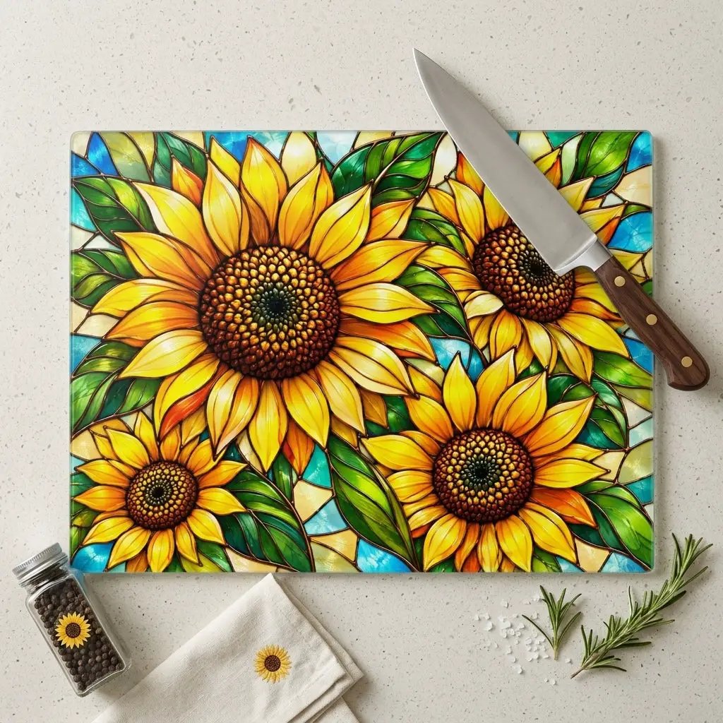 Sunflower Glass Cutting Board, Bold Floral Kitchen Decor, Stained Glass Sunflower Art, Yellow Flower Cutting Board, Sunflower Lover Gift