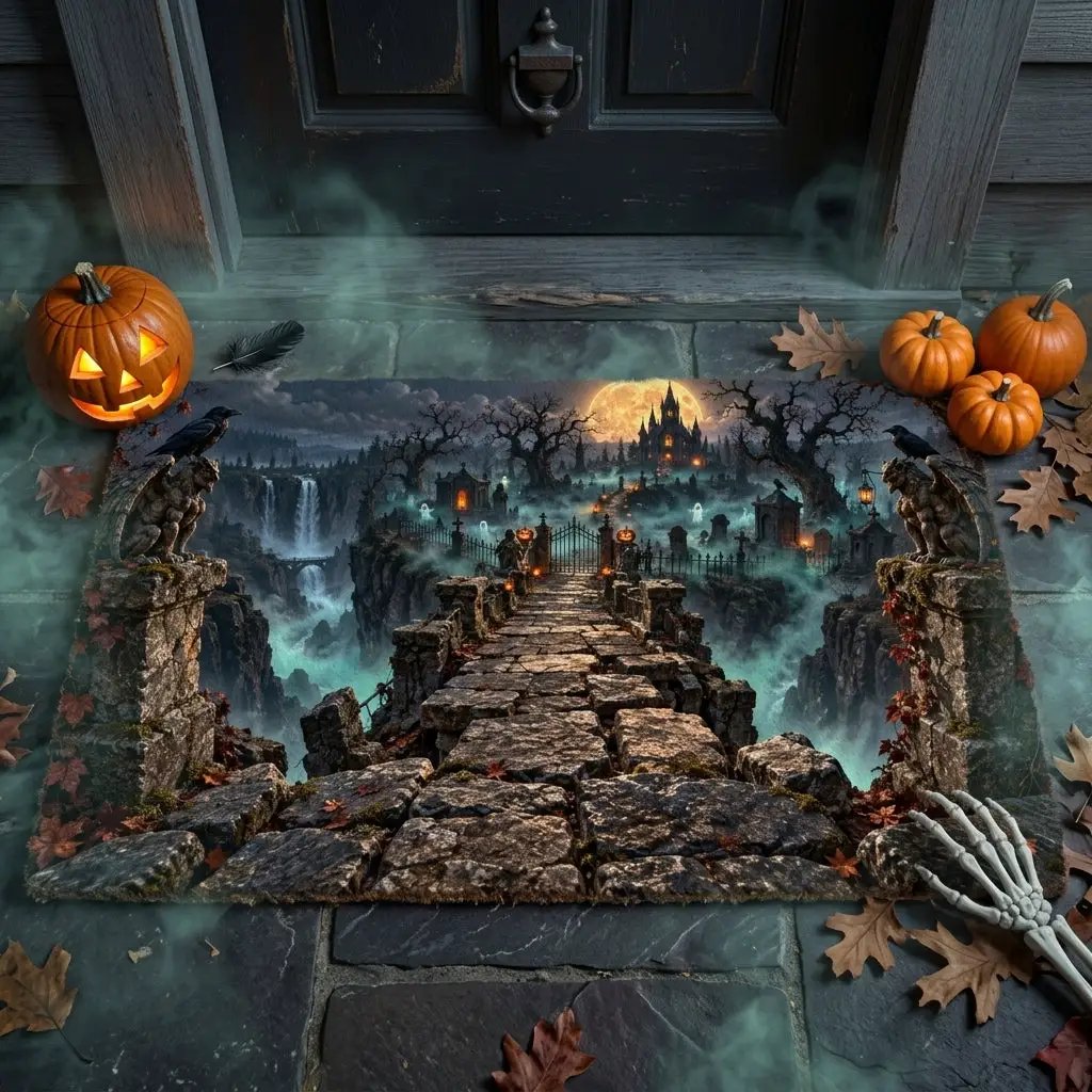 Haunted Graveyard 3D Doormat, Spooky Halloween Door Mat, Gothic Cemetery Welcome Mat, Haunted Castle Halloween Porch Decor