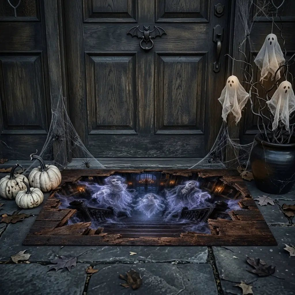 Victorian Ghost 3D Optical Illusion Doormat, Haunted Staircase Floor Mat, Gothic Haunted House Door Mat, Halloween Decor