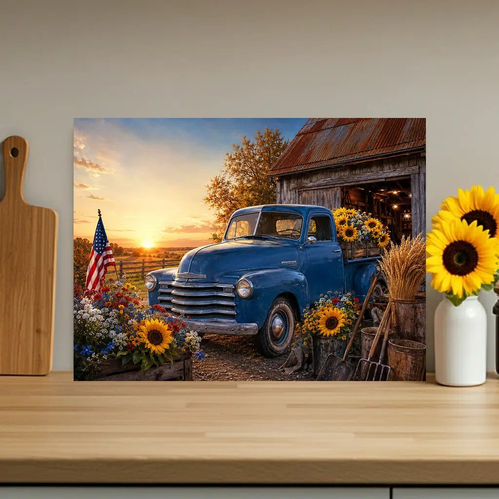 Blue Vintage Truck Glass Cutting Board, Sunflower Farmhouse Kitchen Decor, Country Americana Cutting Board, Rustic Farmhouse Gift