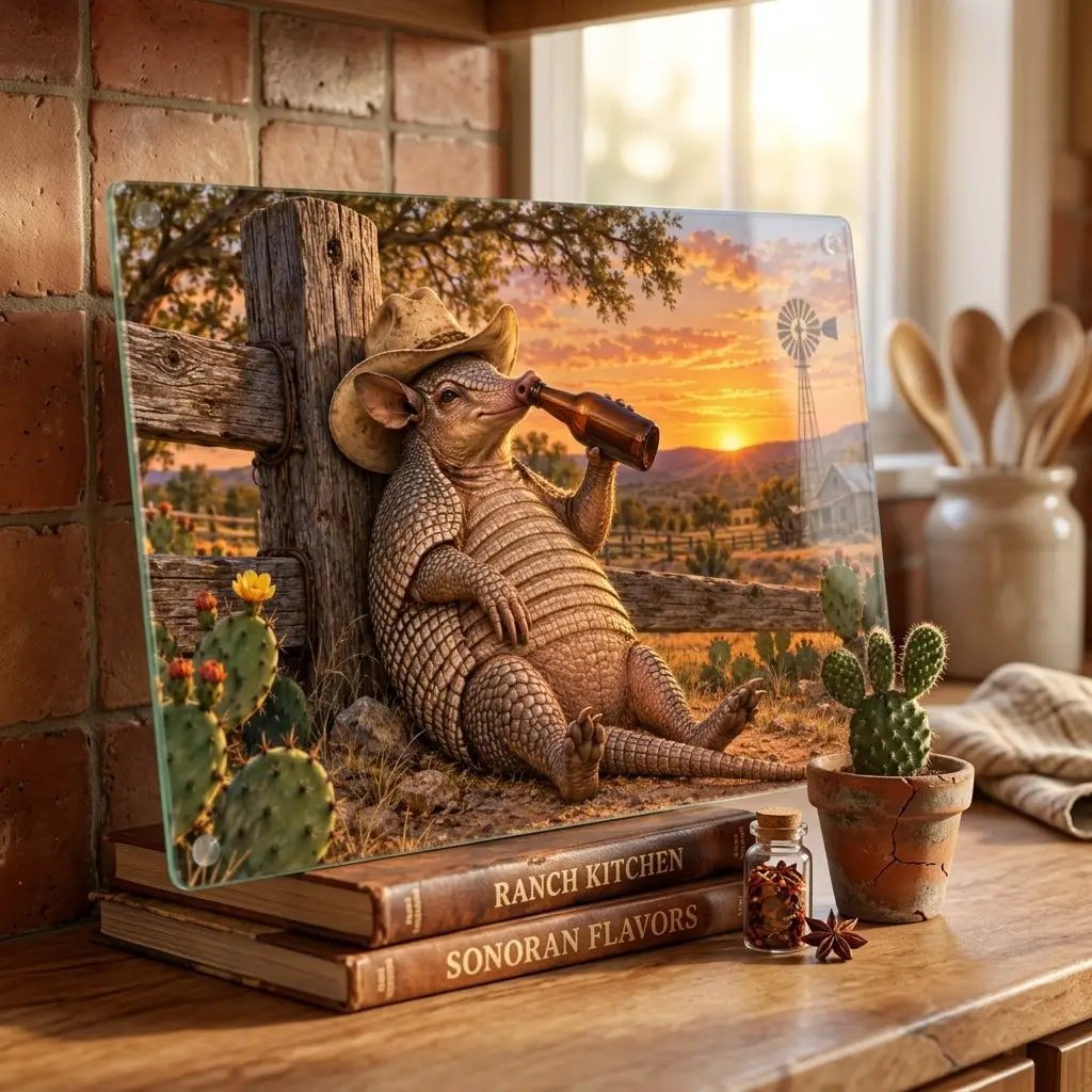Funny Armadillo Glass Cutting Board, Texas Kitchen Decor, Cowboy Armadillo Gift, Western Kitchen Decor, Funny Texas Housewarming Gift