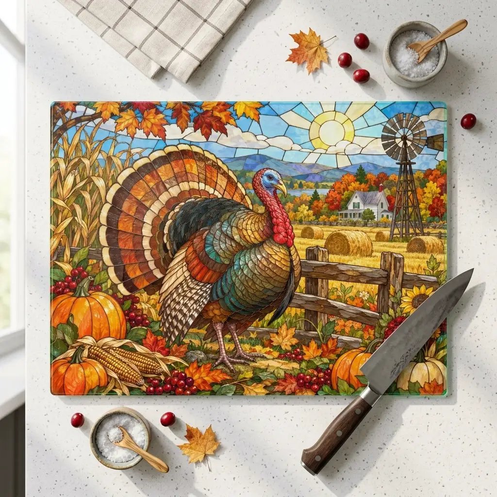 Thanksgiving Turkey Glass Cutting Board, Farmhouse Fall Kitchen Decor, Country Harvest Turkey Cutting Board, Autumn Kitchen Gift